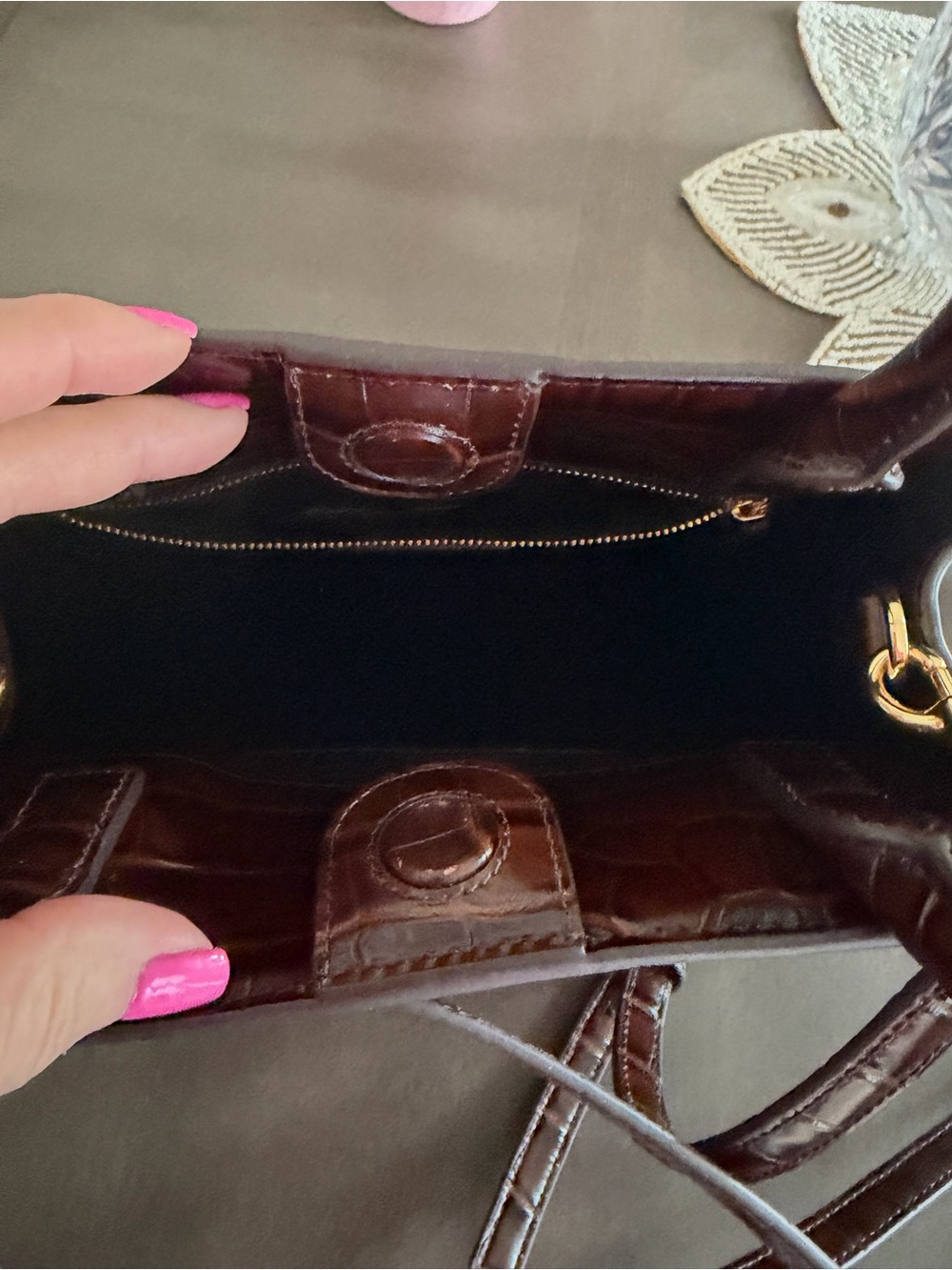 Veronica Beard Dash Bag Croc-Embossed Leather  Structured  Chestnut Medium - Picture 6 of 9